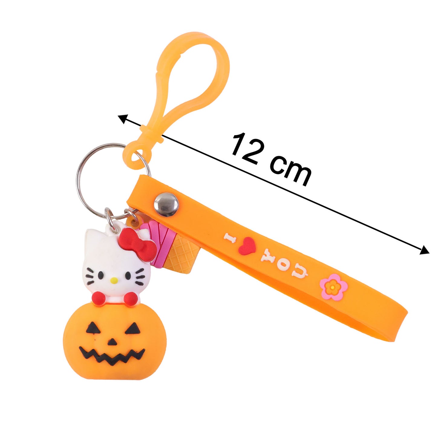 Cute cartoon kitty pumpkin keychain by Wukusy featuring a colorful kitten and pumpkin design, perfect for keys or bags.