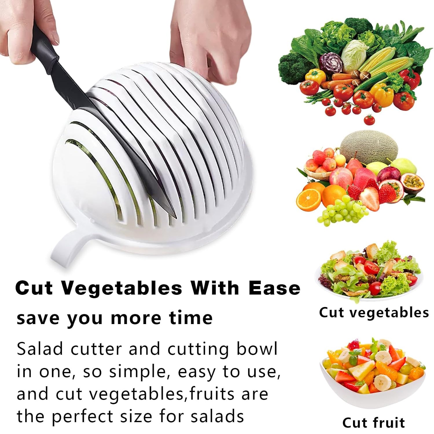 Wukusy plastic 60 Seconds Salad Cutter and Maker on a kitchen countertop, showing the salad bowl and cutting mechanism.