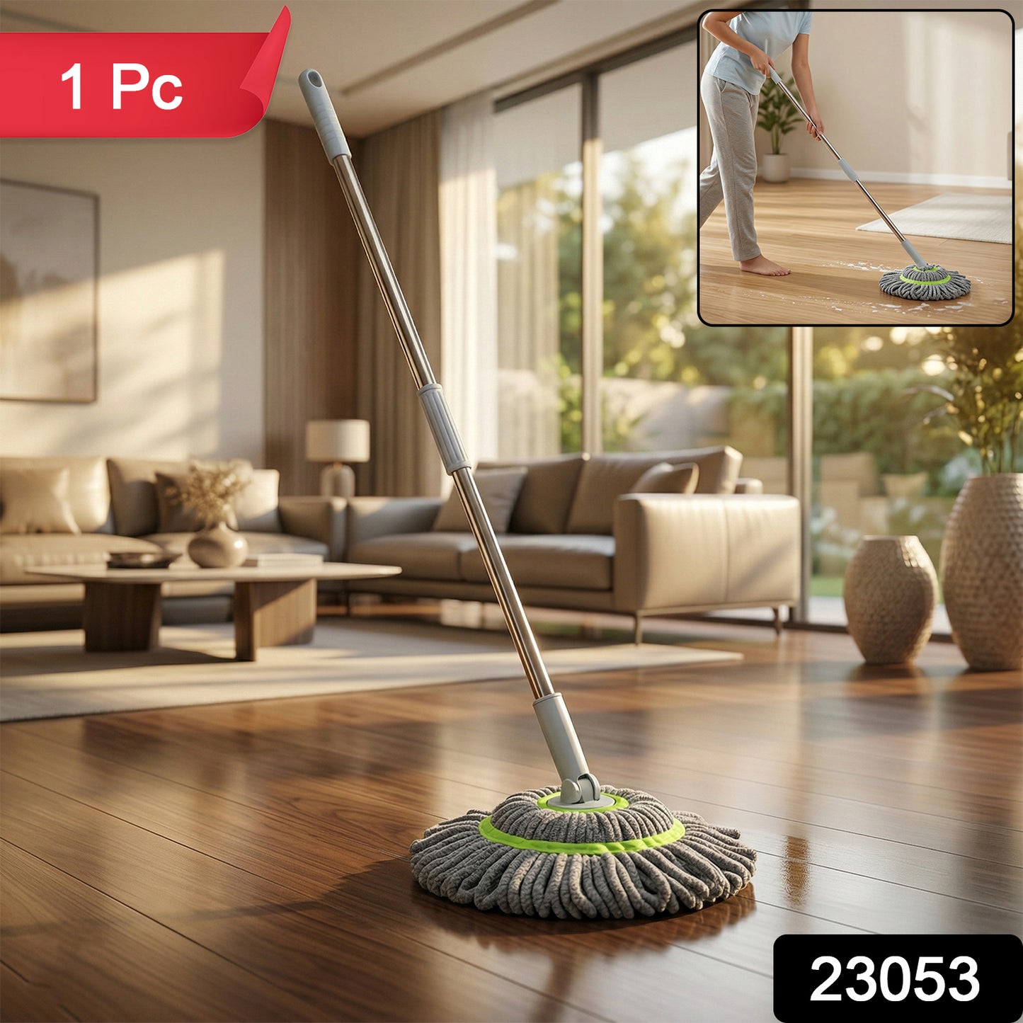 Wukusy 360 Spin Mop for floor cleaning, featuring a durable mop head and easy spinning mechanism for efficient cleaning.