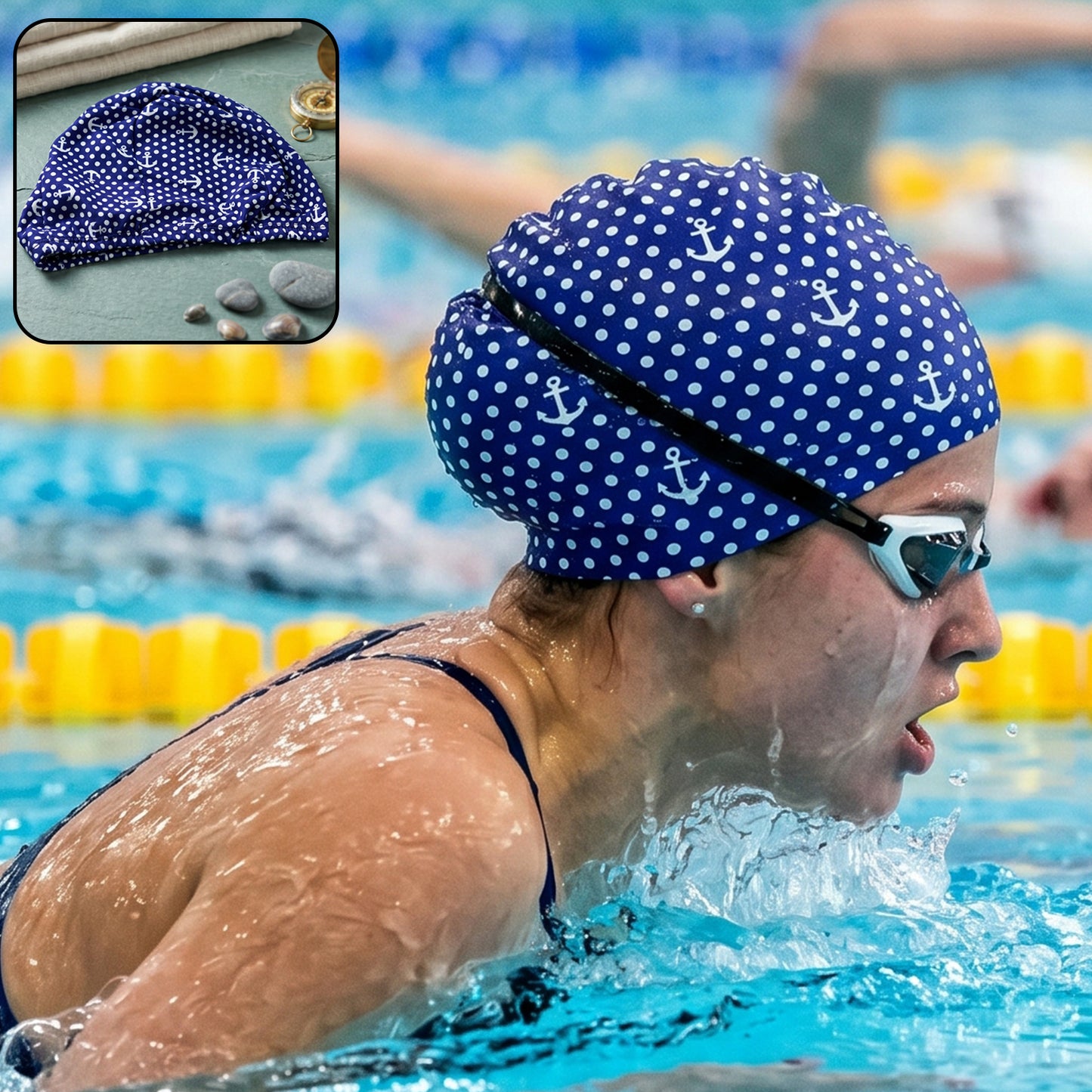 Stretchable Wukusy swimming cap in bright blue, designed for comfortable fit and water resistance, shown on a model's head.