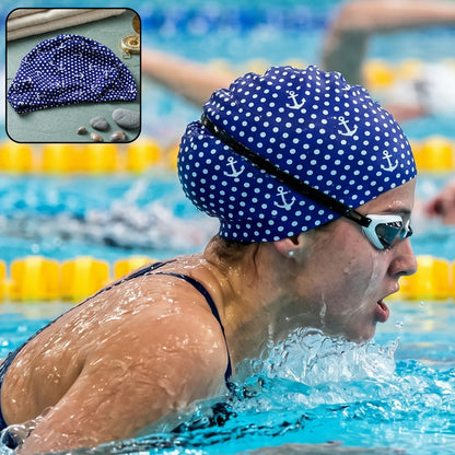 Stretchable Wukusy swimming cap in bright blue, designed for comfortable fit and water resistance, shown on a model's head.