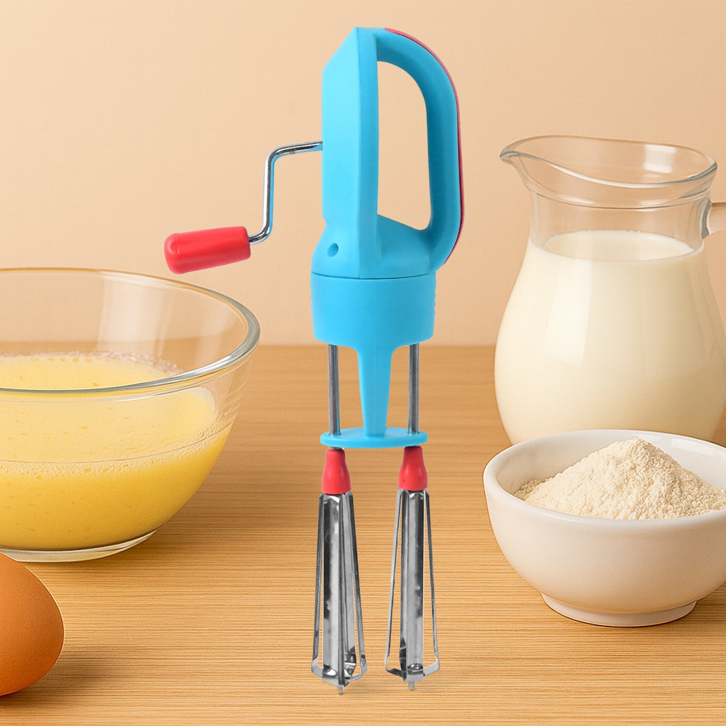 Wukusy Supermom high-speed manual hand beater with dual stainless steel whisks for efficient mixing in home and kitchen.