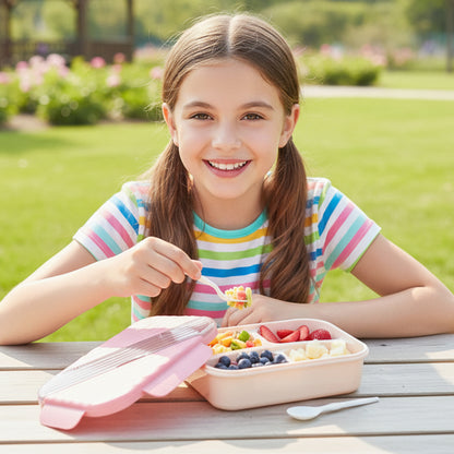 Plastic 3-compartment kids' lunch box by Wukusy with colorful sections for snacks and meals, designed for children.