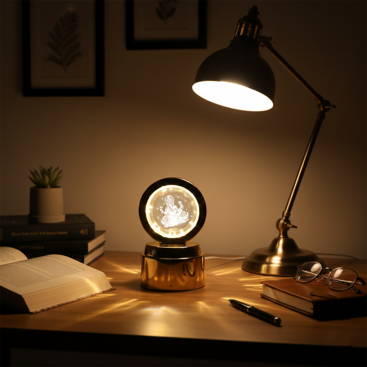 Wukusy Ganpati Bapa 3D crystal ball night light with LED illumination, designed for office decor, featuring detailed Ganpati image.