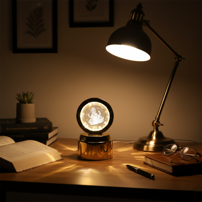 Wukusy Ganpati Bapa 3D crystal ball night light with LED illumination, designed for office decor, featuring detailed Ganpati image.