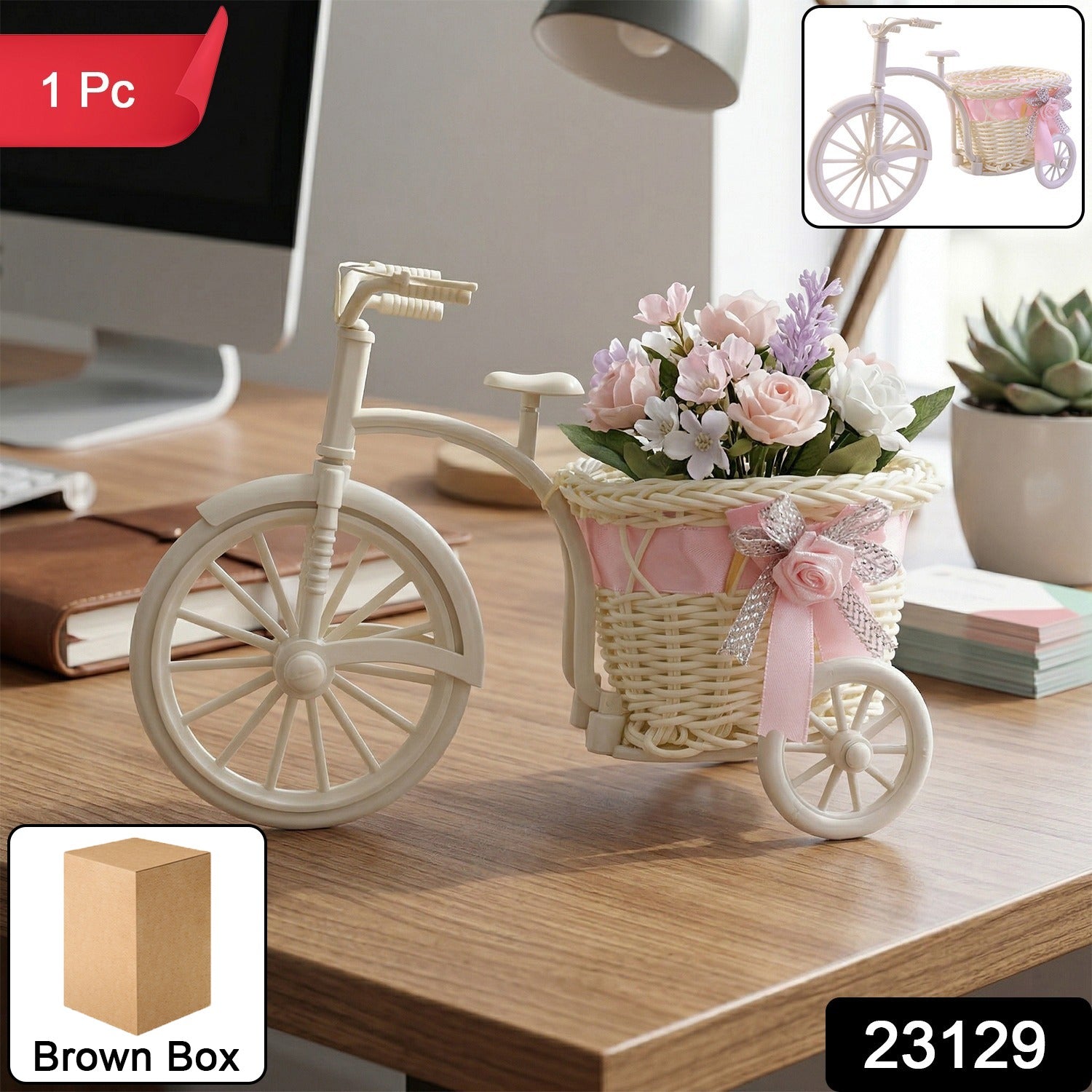 Wukusy decorative bicycle flower pot with basket, showcasing a charming vintage-style bicycle planter for flowers or plants.