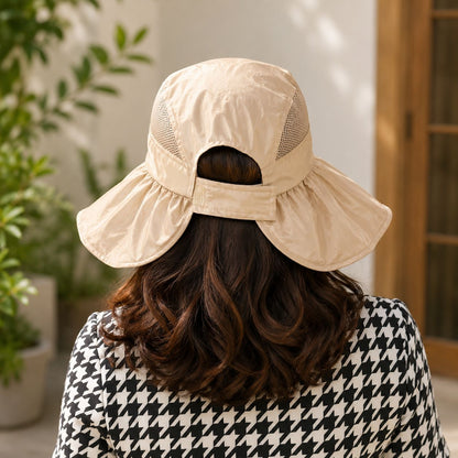 Women's wide brim sun protection hat by Wukusy with open top and mesh design in a vibrant color, ideal for outdoor sunshade.