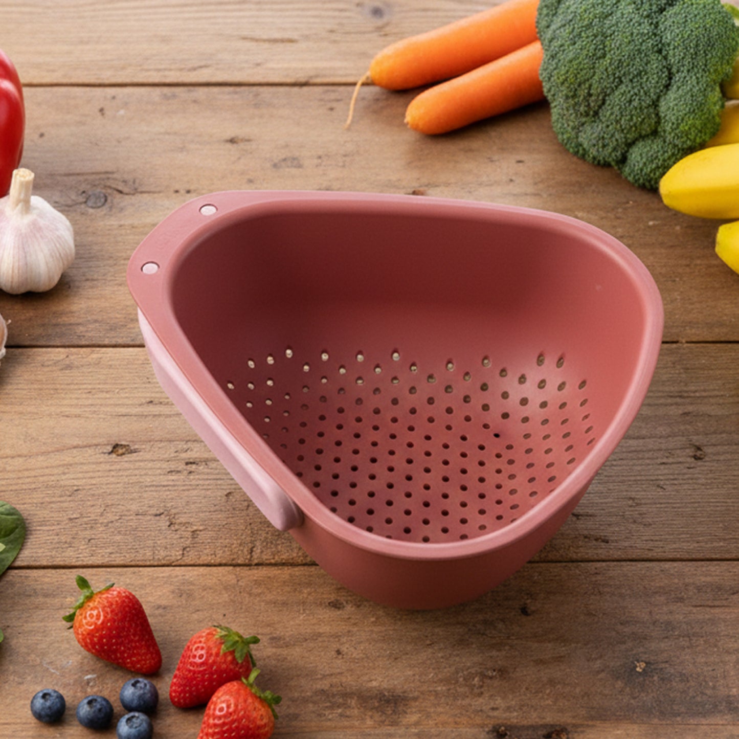 Wukusy Supermom Kitchen Colander with foldable handle and drain base, showing its sturdy design and convenient folding feature.