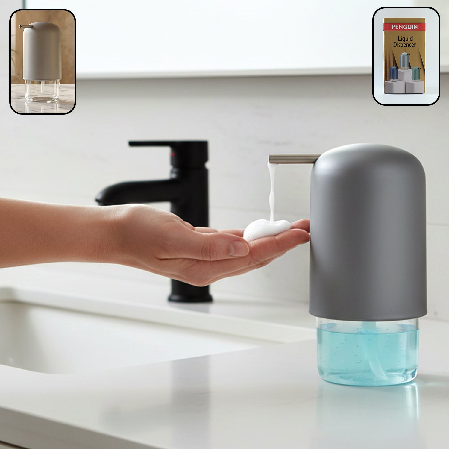 Wukusy Penguin liquid soap dispenser pump bottle with black and white penguin design on a clear plastic pump bottle.