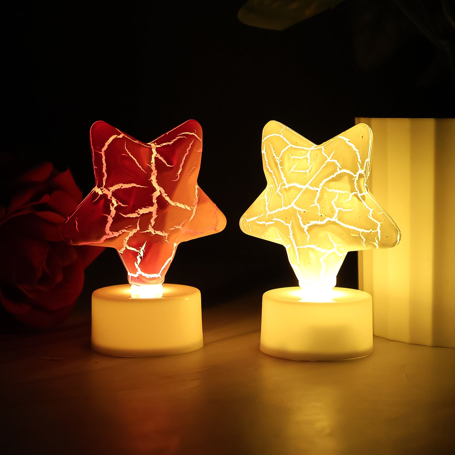 Set of 12 Wukusy star-shaped decorative LED tealight candles for home decor, featuring warm glowing lights and festive design.