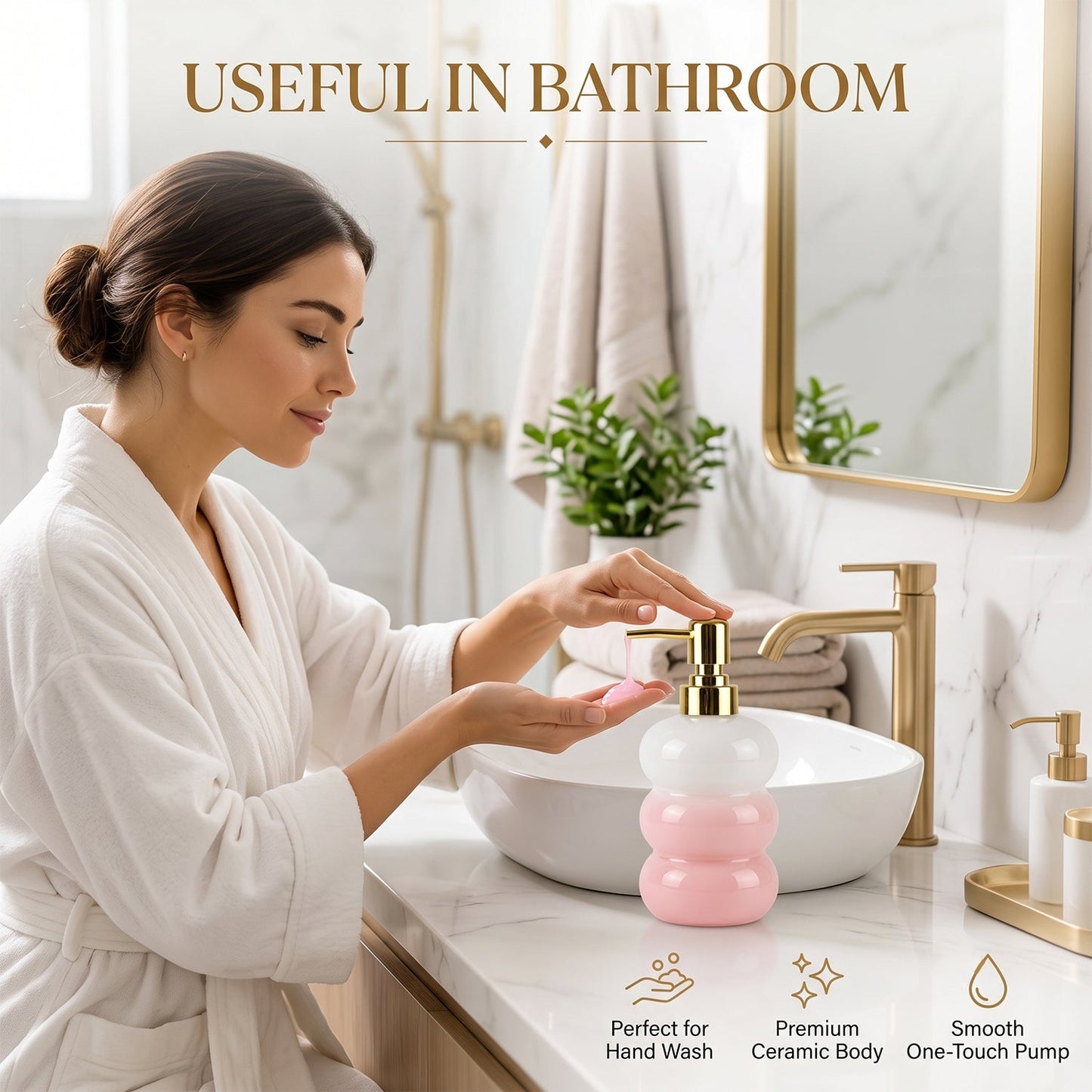 Wukusy glass liquid soap dispenser bottle with gold pump, refillable, clear glass container for bathroom or kitchen use.