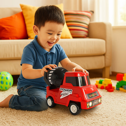 Wukusy Funwoods Kids Power Cement Mixture Toy Truck, colorful plastic toy construction vehicle for children, front view with wheels and mixing drum