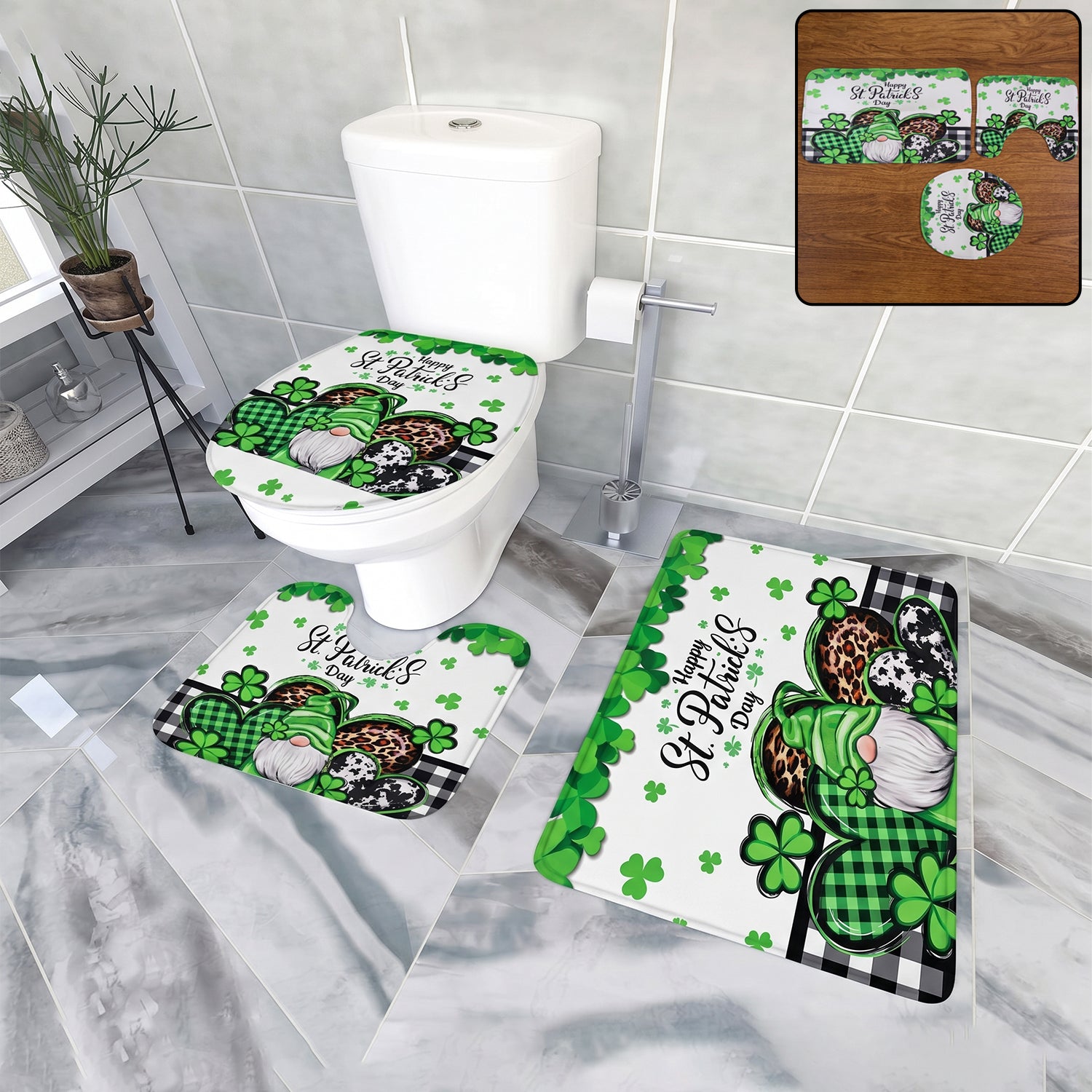Wukusy 3-in-1 bathroom mat set with mix design, including a bath mat, contour rug, and shower curtain for bathroom decor.