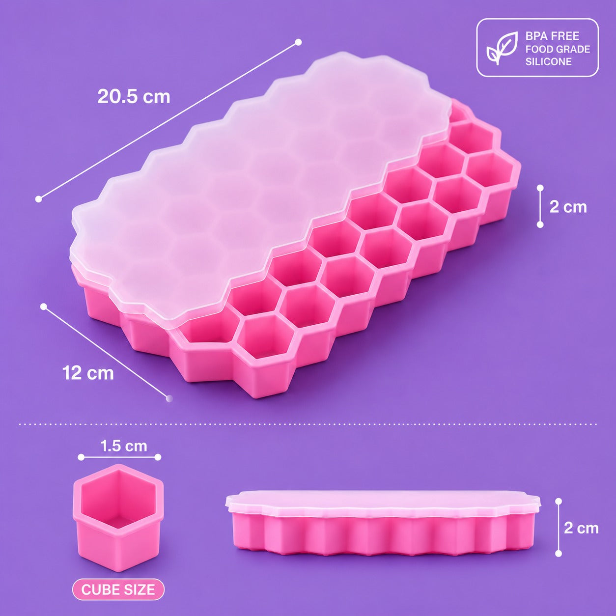 Wukusy hexagon silicone ice cube tray with lid for freezer and drinks, showing colorful ice cubes in the tray.