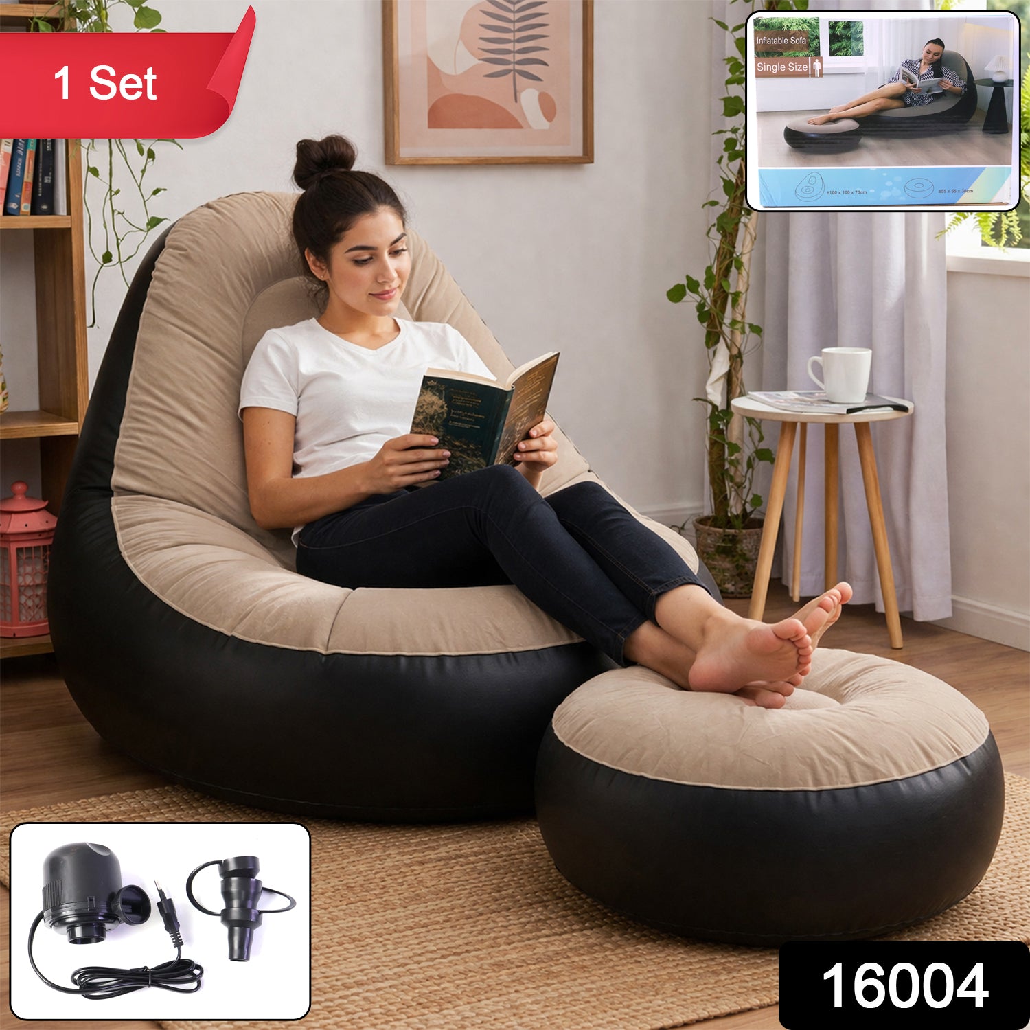 Wukusy inflatable air sofa chair set with one large 100x100x73cm and a smaller 55x55x30cm seat, made of durable, colorful material