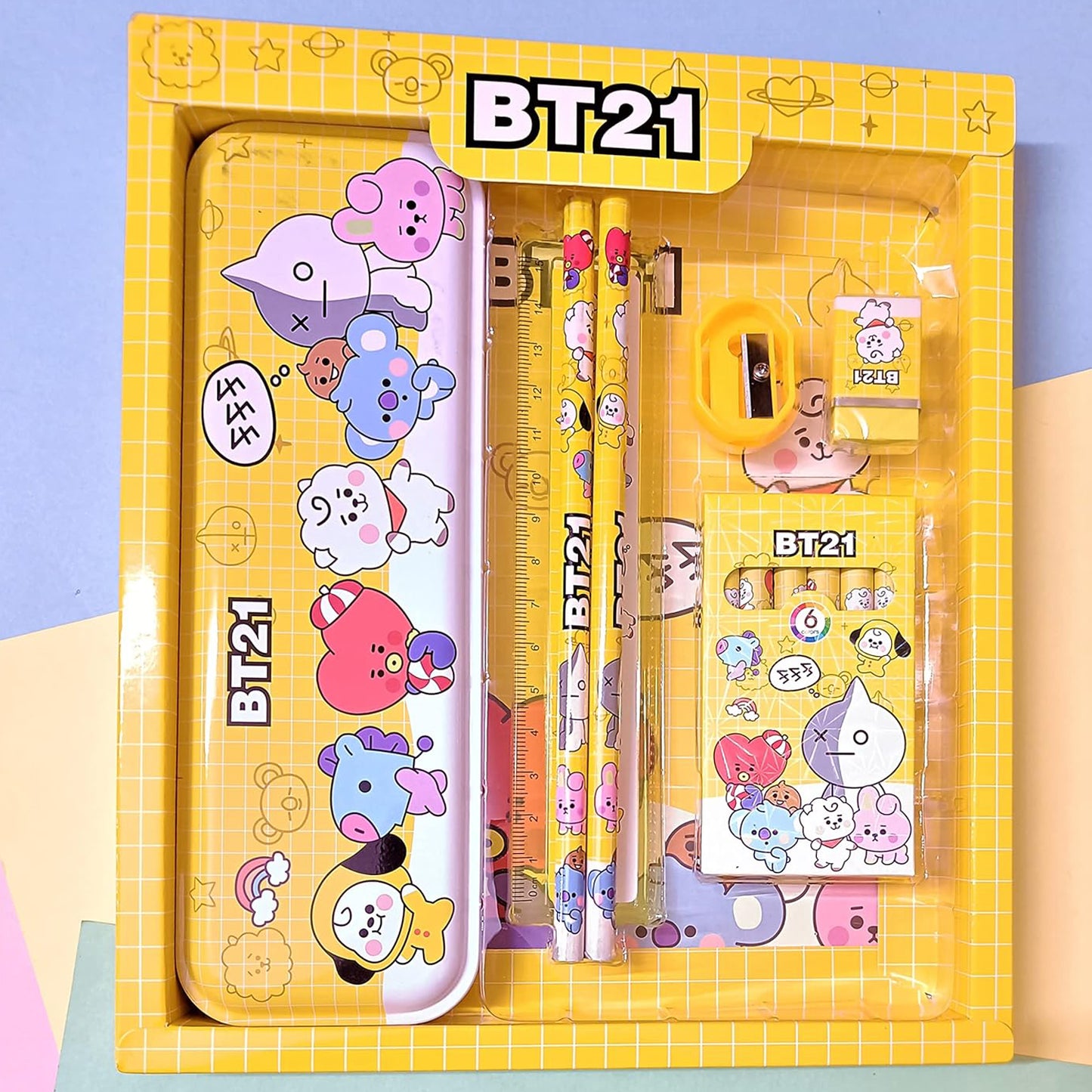 Wukusy 3294 stationery kit for kids includes metal pencil box, sharpener, pencil, and eraser set in a 12-piece school supply set.