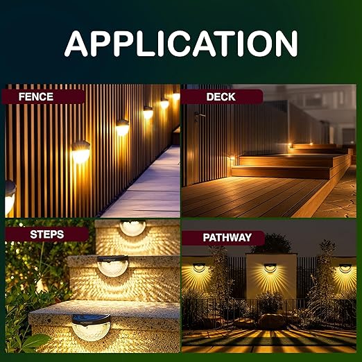 Set of four Drpshippr LED solar powered fence lights installed along a fence line, illuminating the area at dusk.
