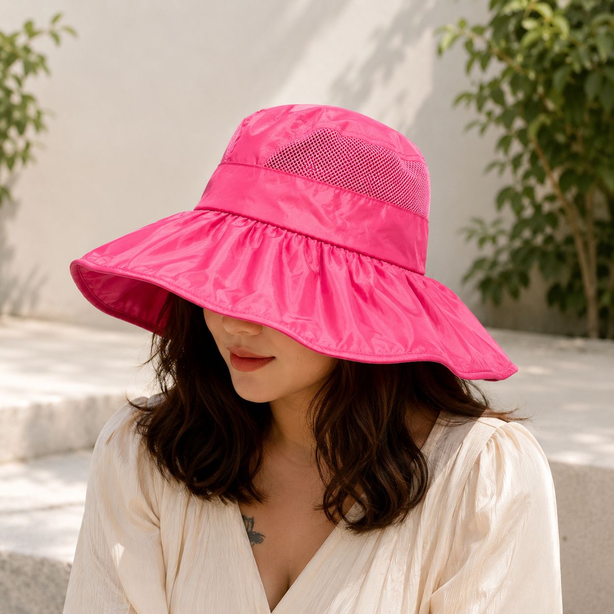 Wukusy women's wide brim sun protection hat with open top and mesh design, in random color, for outdoor sun shielding.