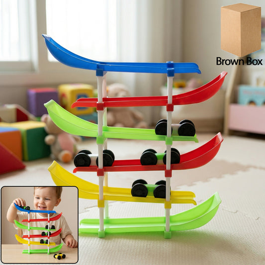 Kids multi-level car racing track toy set by Wukusy featuring colorful tracks, cars, and multi-level racing lanes for children.