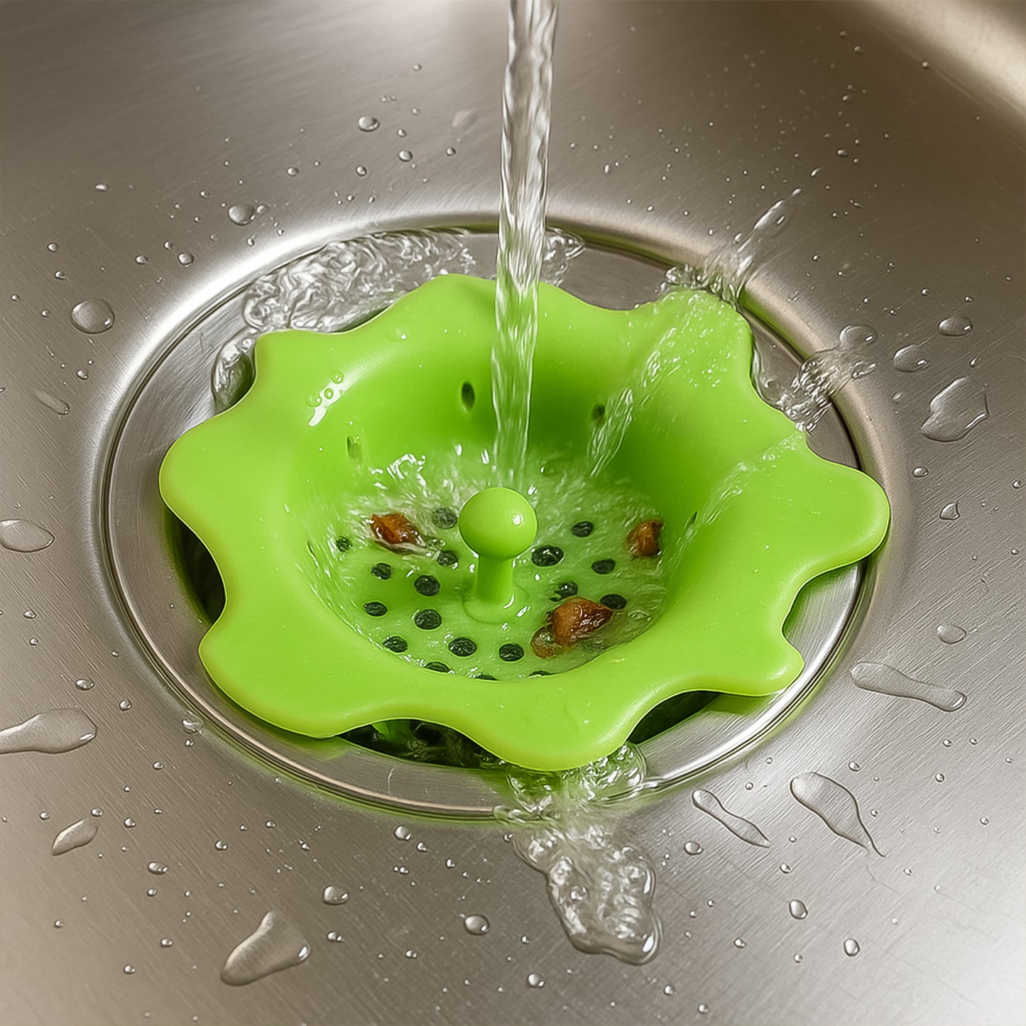 Flexible silicone sink strainer by Wukusy with drain hair catcher in a kitchen sink, preventing clogs and catching debris.