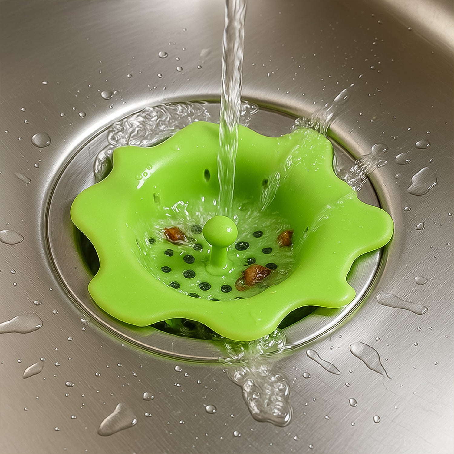 Flexible silicone sink strainer by Wukusy with drain hair catcher in a kitchen sink, preventing clogs and catching debris.