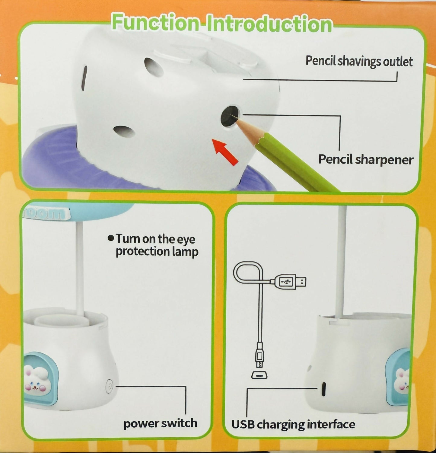 Wukusy Mushroom LED desk lamp with built-in pencil sharpener and USB charging port, featuring a colorful, mushroom-shaped design.