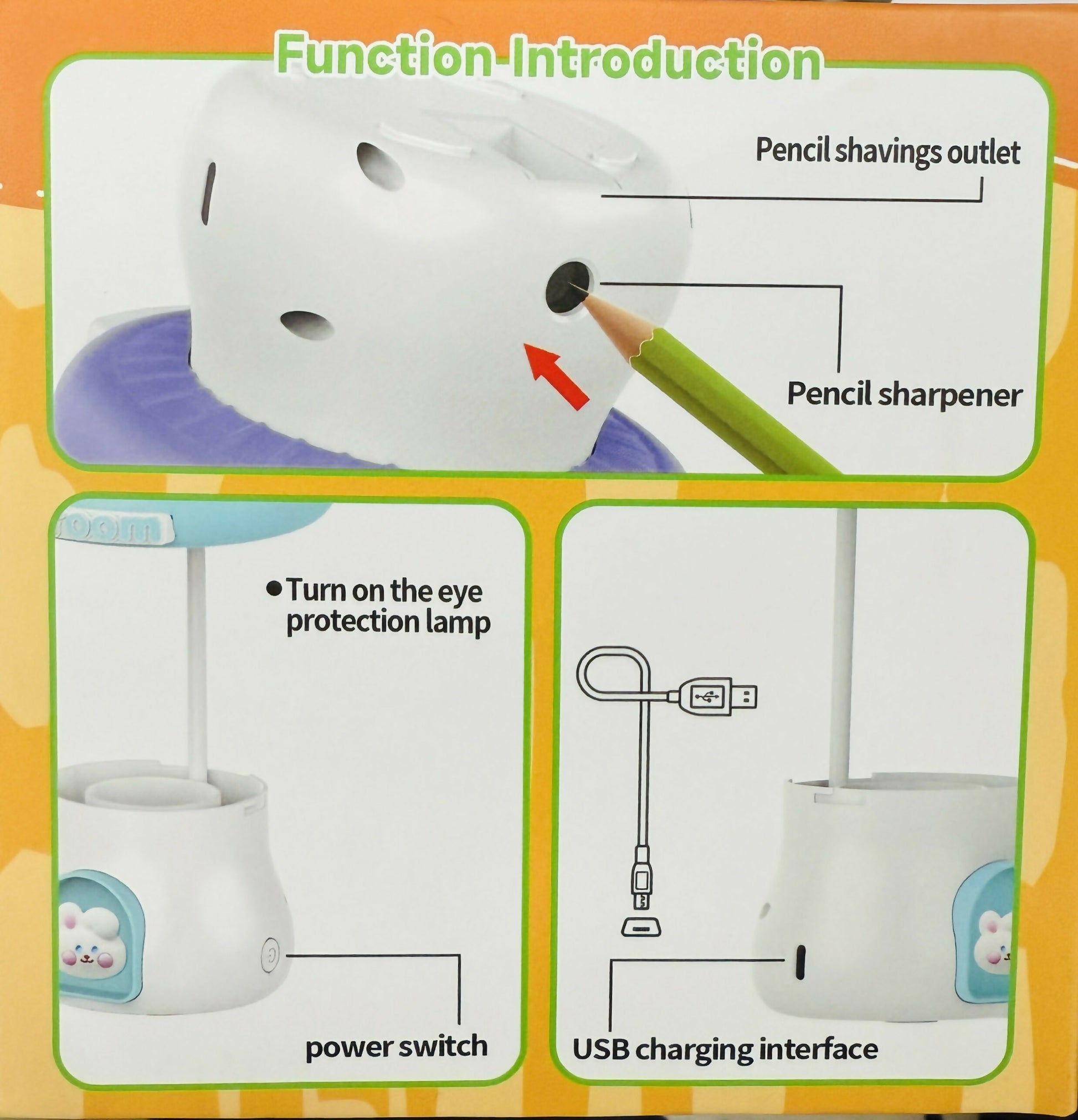 Wukusy Mushroom LED desk lamp with built-in pencil sharpener and USB charging port, featuring a colorful, mushroom-shaped design.
