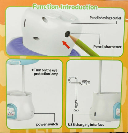 Wukusy Mushroom LED desk lamp with built-in pencil sharpener and USB charging port, featuring a colorful, mushroom-shaped design.