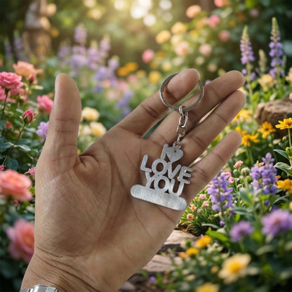Metal love you keychain by Wukusy featuring a heart-shaped design with engraved "Love You" text on a shiny metal surface.