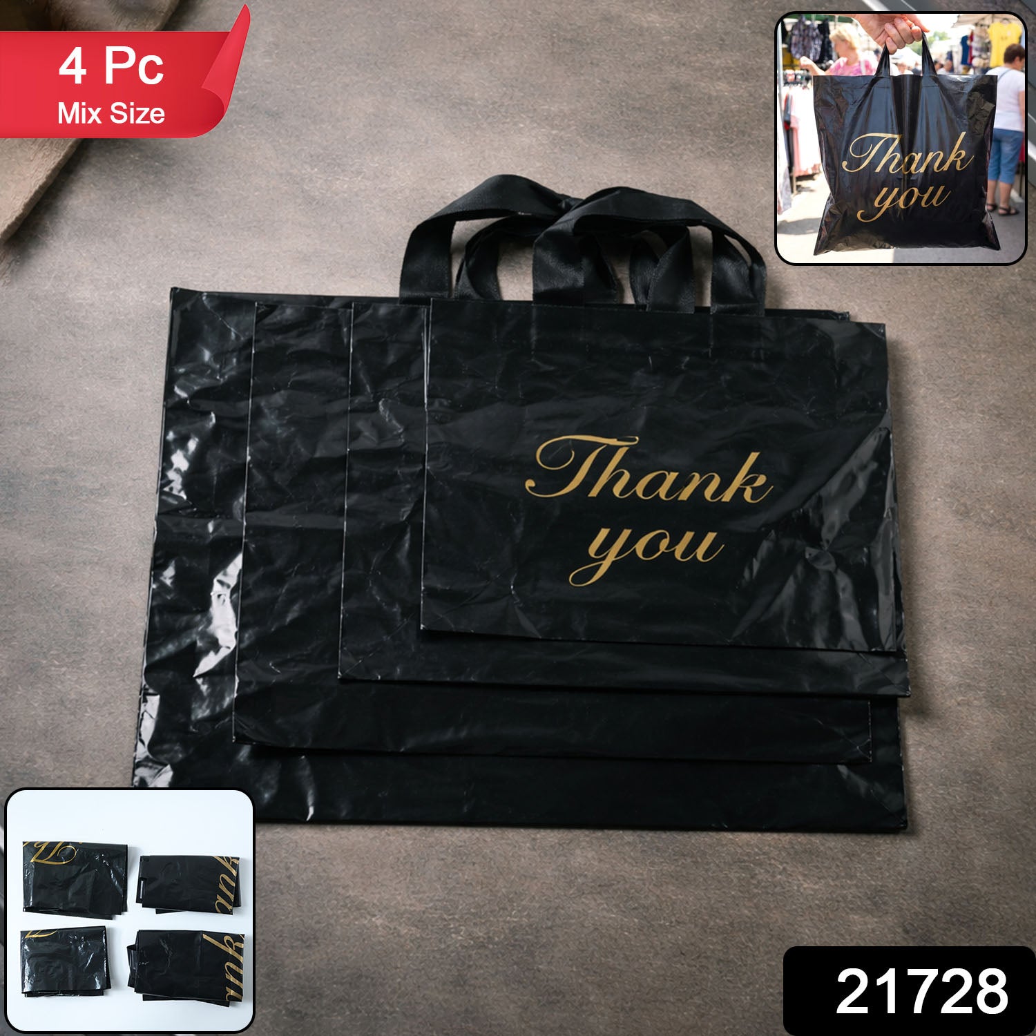 Set of four Wukusy black thank you printed carry bags in mixed sizes for gift and retail packaging.