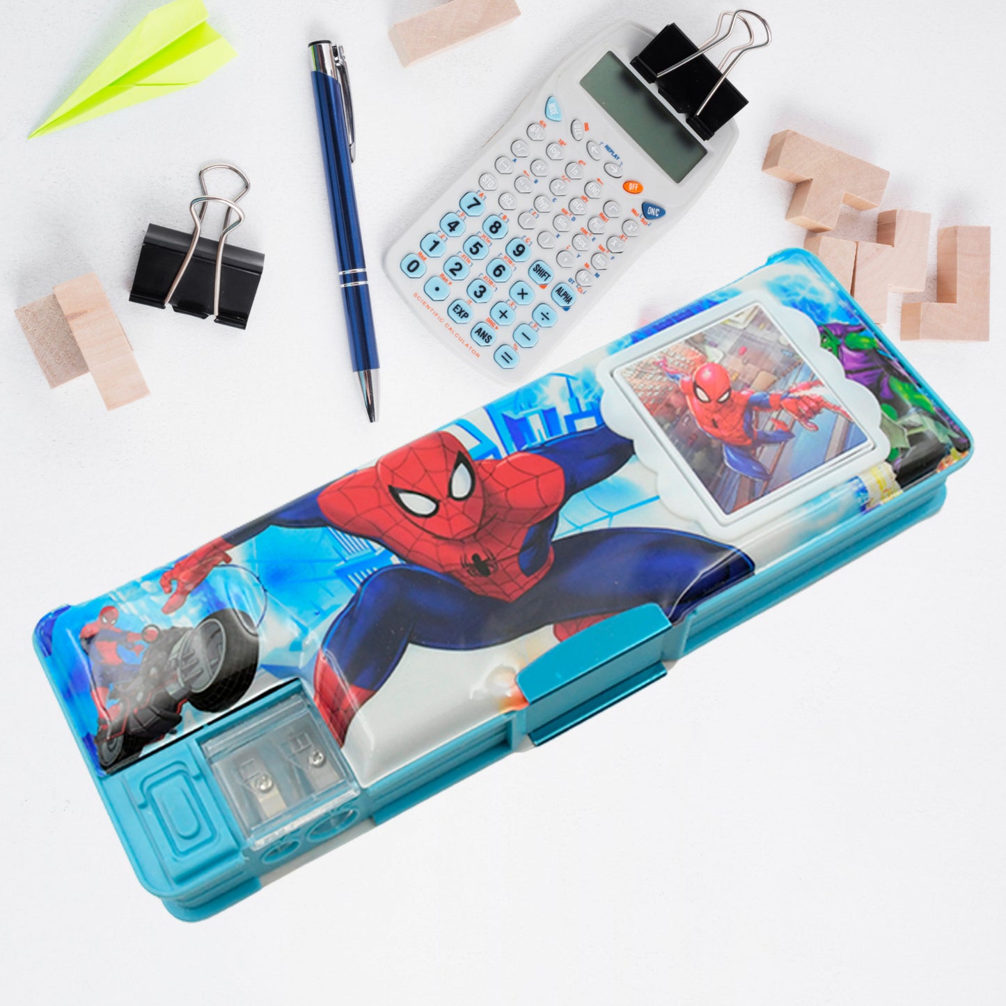Wukusy 4260 Art Stationery cartoon geometry box with inbuilt calculator, dual sharpeners, and open sides, ideal for boys and girls.