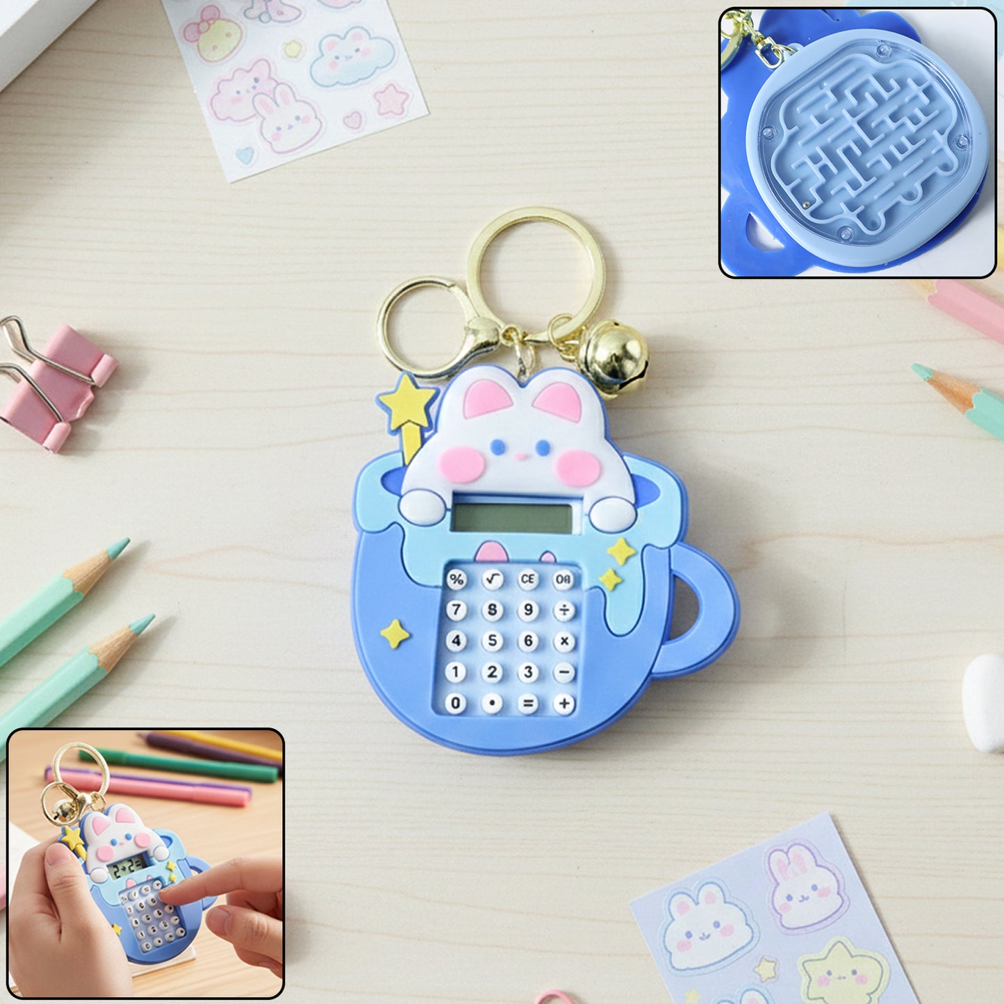Wukusy cute cartoon bunny calculator keychain with mini digital display, featuring a charming bunny design and functional calculator.