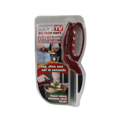 Wukusy 2-in-1 kitchen knife scissors with spring lock and chopping board, shown with handle, blade, and locking hinge in packaging.