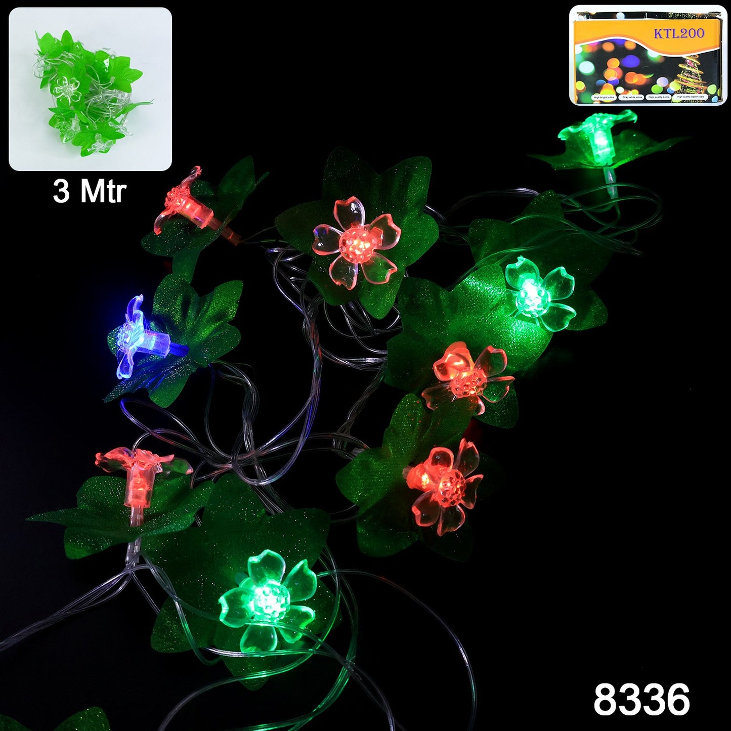Wukusy Leaf Flower LED decorative string light, 3-meter length, with leaf and flower designs illuminated in warm light.