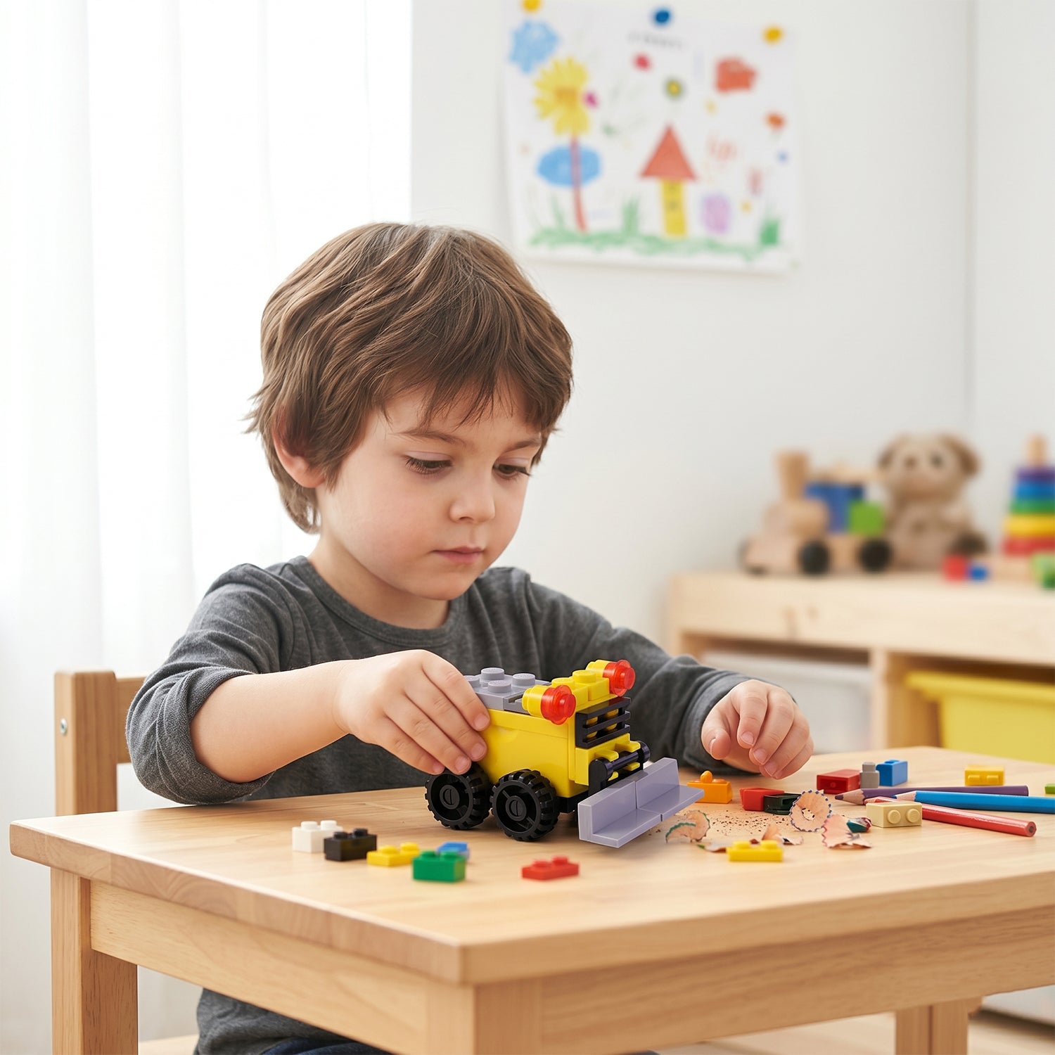 Wukusy cute bulldozer pencil sharpener toy, fun and interactive desk accessory with colorful bulldozer design and playful details.