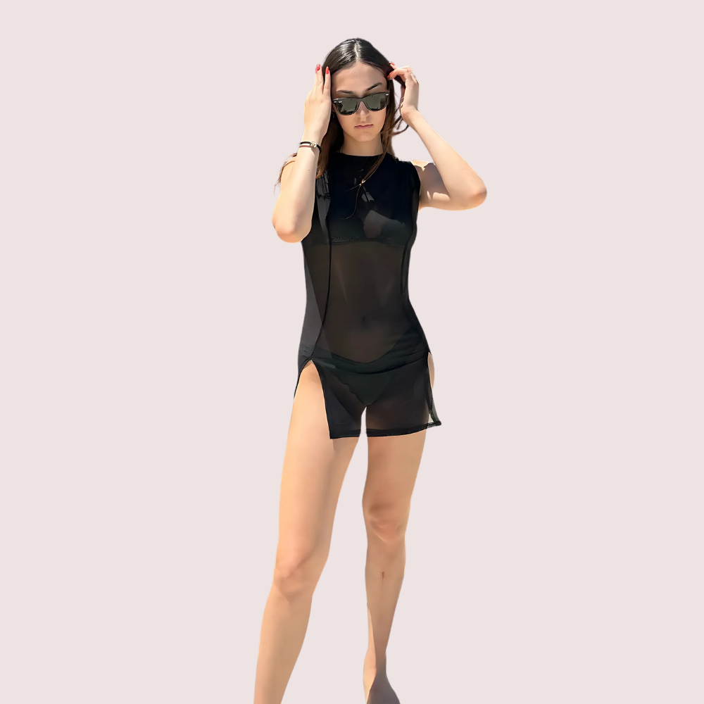 Maison Allure sheer black mini dress with dual open slits, featuring a stylish and elegant design by Snazzyway.