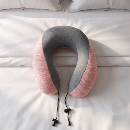 Pink and grey U-shaped travel neck pillow with drawstring toggle by Wukusy, designed for comfortable neck support during travel.