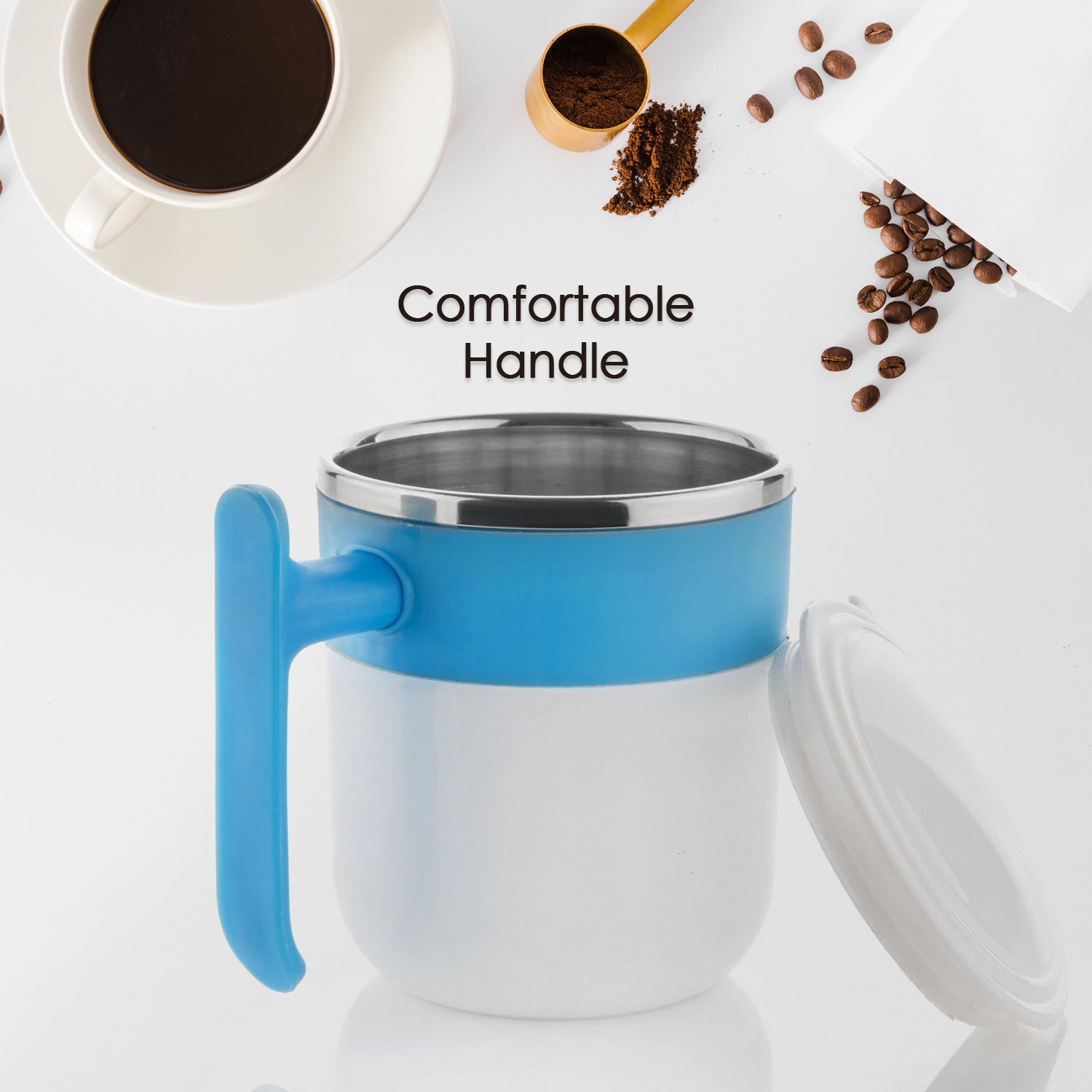 Wukusy stainless steel insulated coffee mug with lid, double wall design, suitable for hot coffee or tea, in a home and kitchen setting