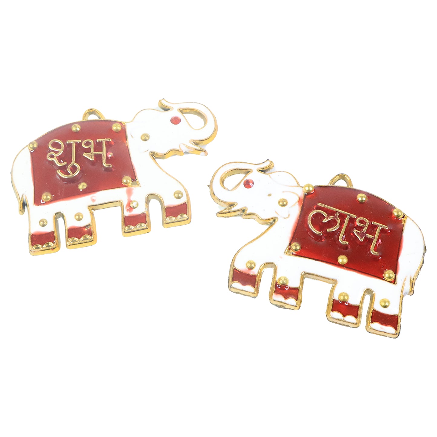 Two Wukusy Shubh Labh elephant decorative wall hangings for home decor, featuring intricate designs and vibrant colors.