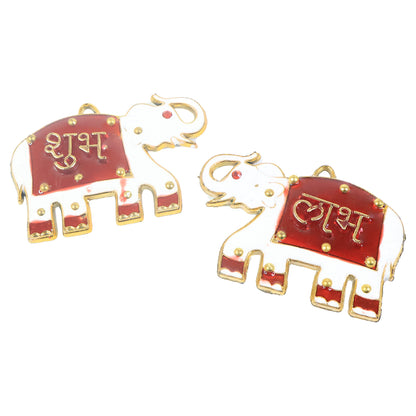 Two Wukusy Shubh Labh elephant decorative wall hangings for home decor, featuring intricate designs and vibrant colors.