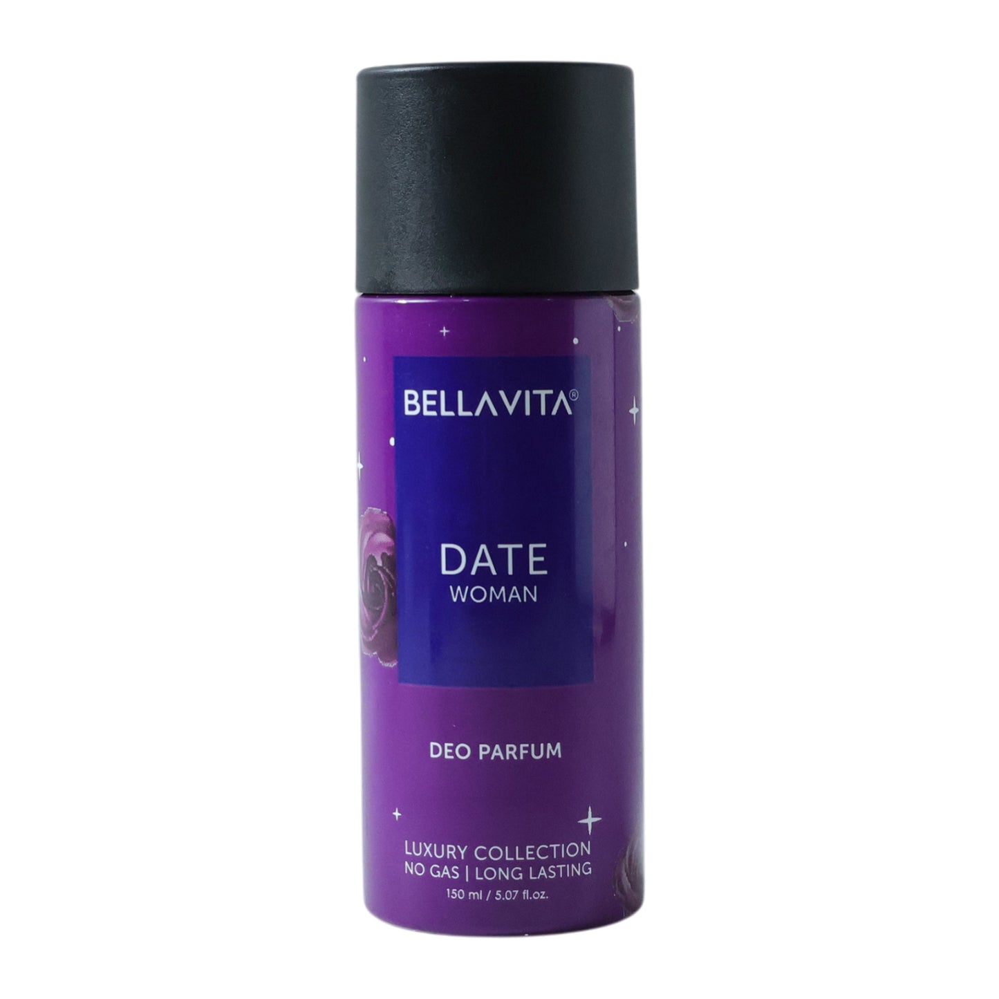 Bellavita Date Woman deodorant body spray by Wukusy, 150ml, featuring a sleek bottle and floral fragrance design.