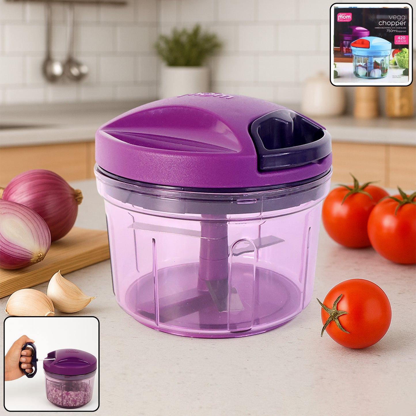 Wukusy Supermom Handy Vegetable Chopper 750ml in white and green, compact kitchen tool for chopping vegetables efficiently.