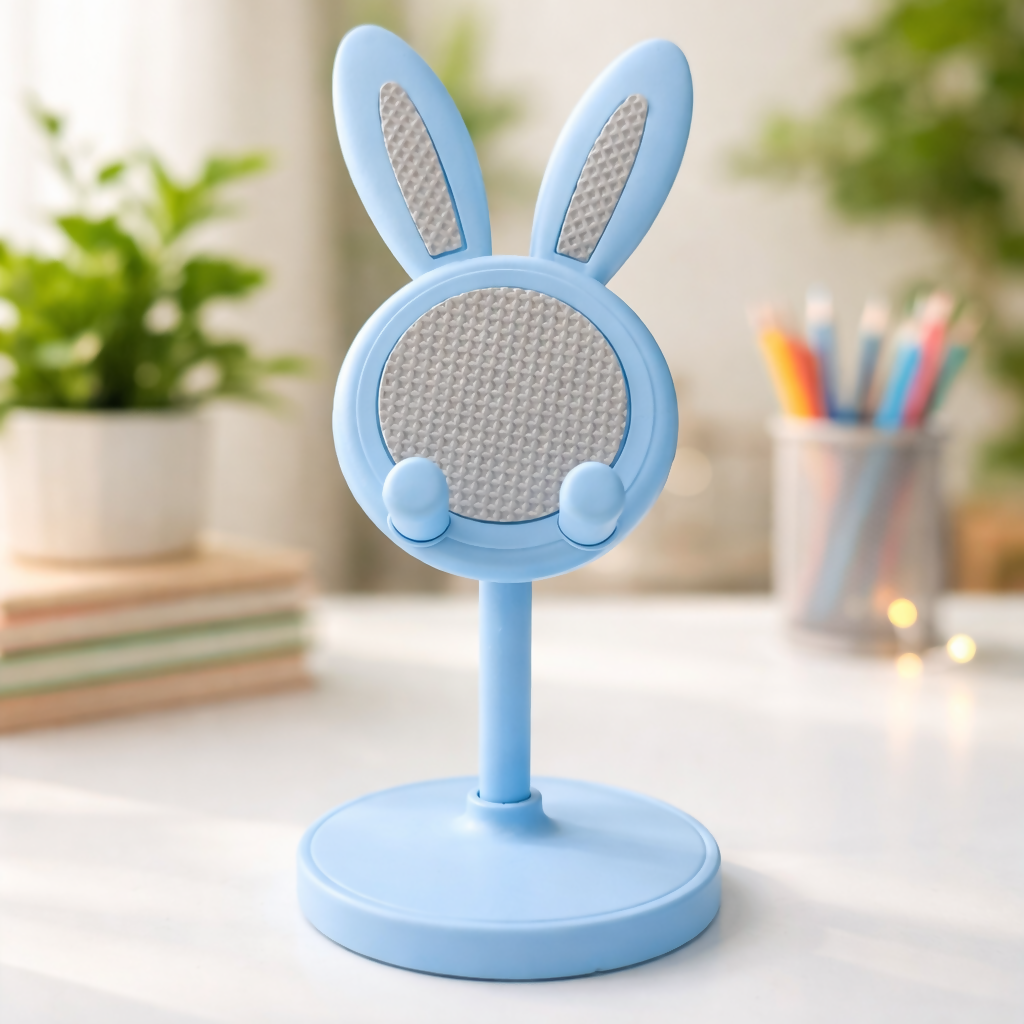 Cute bunny mobile stand holder by Wukusy on a desk, perfect for kids' study tables, with a colorful bunny design visible.