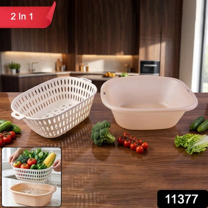 2 In 1 Plastic Double Drain Basket Strainer Washing Bowl Colander (2 Pc Set)