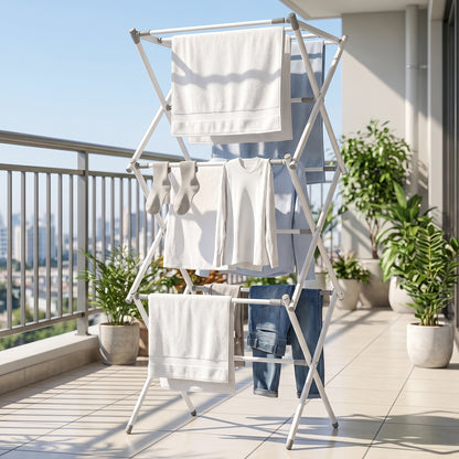 Wukusy 3-tier folding clothes drying rack with multiple bars for laundry, designed for balcony use, in a compact, portable stand.