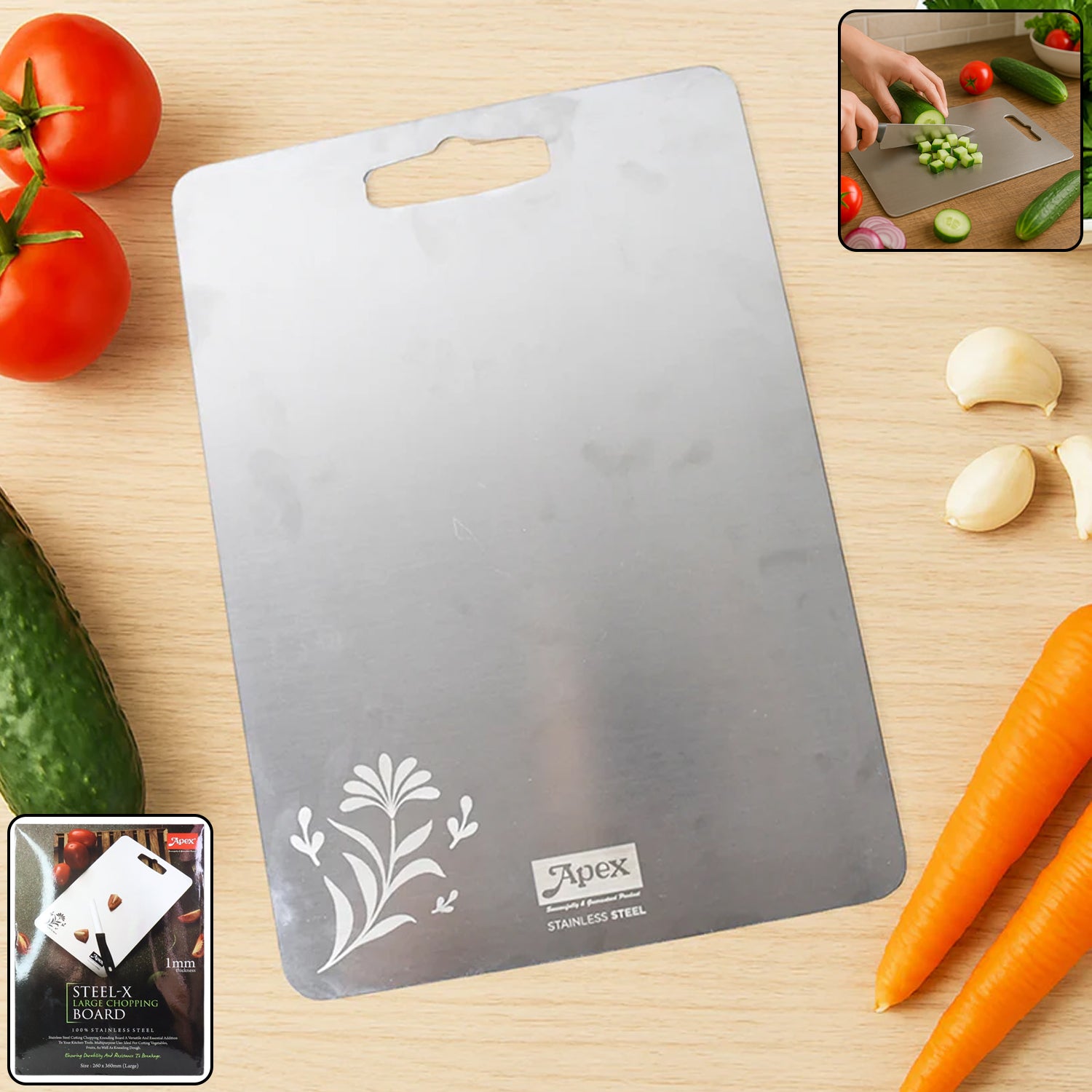Wukusy Apex large stainless steel multipurpose chopping and cutting board, 260x360mm, used for food preparation in the kitchen.