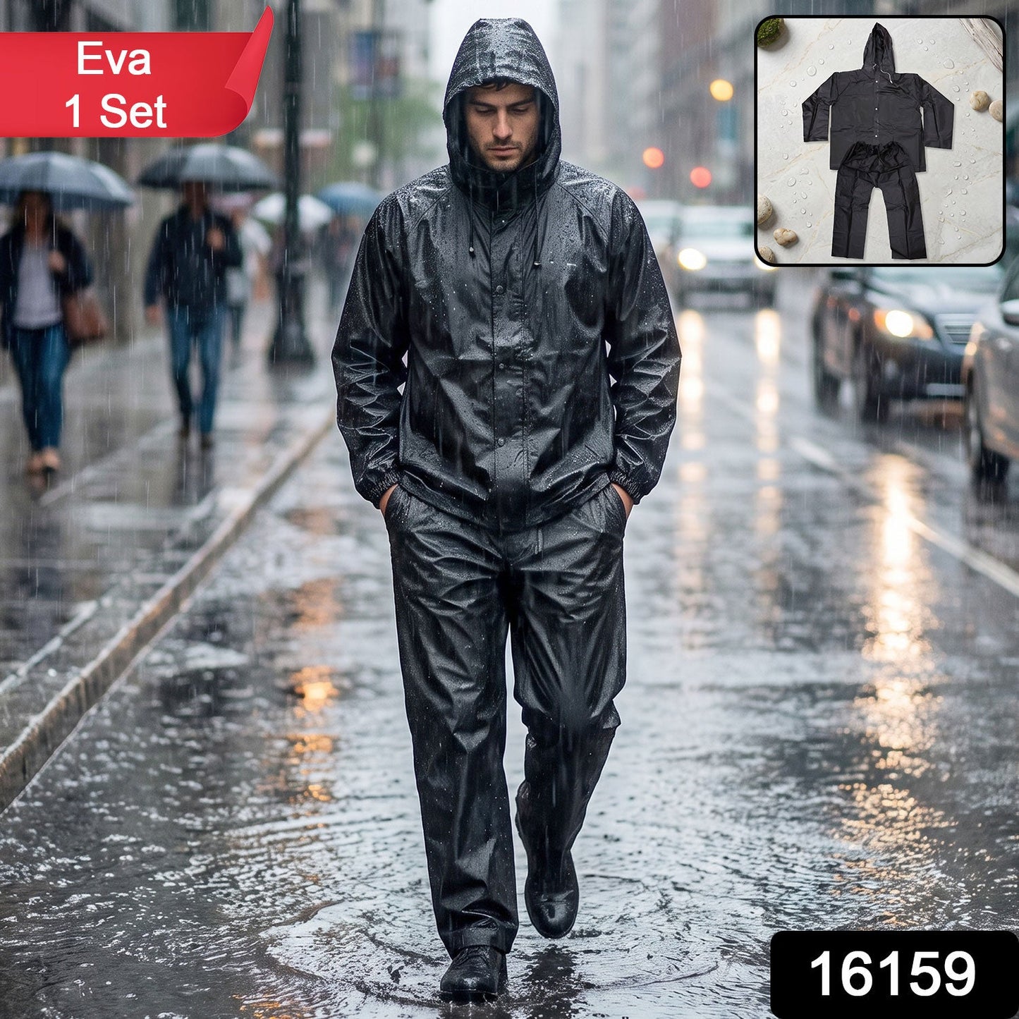 Wukusy reusable waterproof EVA rain coat set with hood jacket and pants, suitable for wet weather protection.