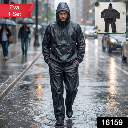 Wukusy reusable waterproof EVA rain coat set with hood jacket and pants, suitable for wet weather protection.