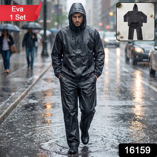 Wukusy reusable waterproof EVA rain coat set with hood jacket and pants, suitable for wet weather protection.