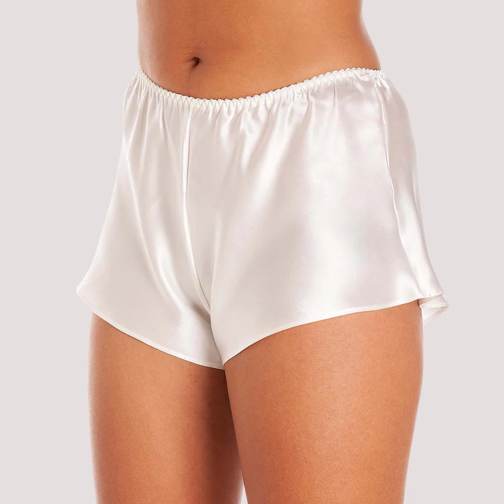 White silk satin French Elegance knickers by Snazzyway, featuring smooth, luxurious fabric and delicate detailing.
